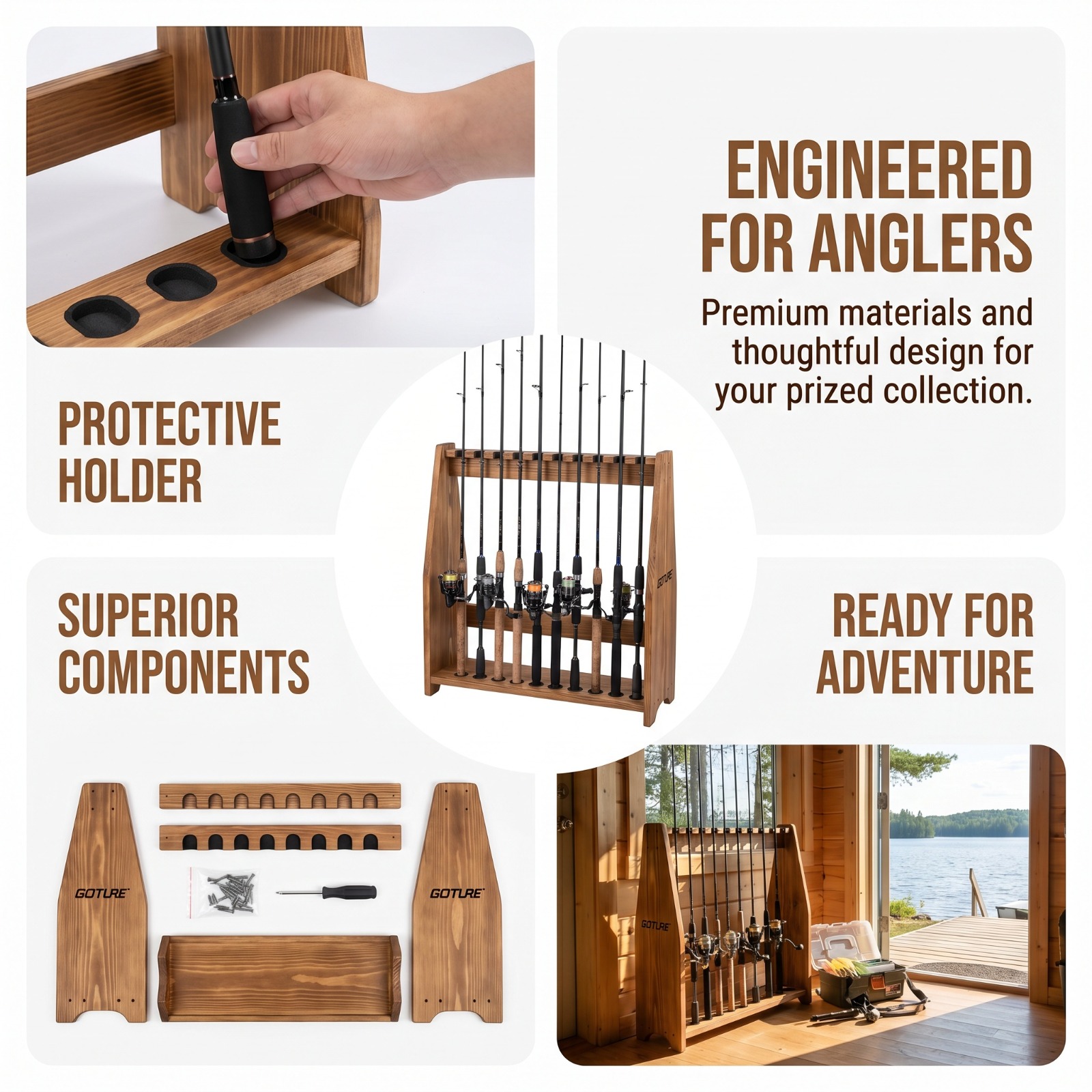 Fishing Rod Rack - Goture 10 Yuvalı Karbonize Çam Olta